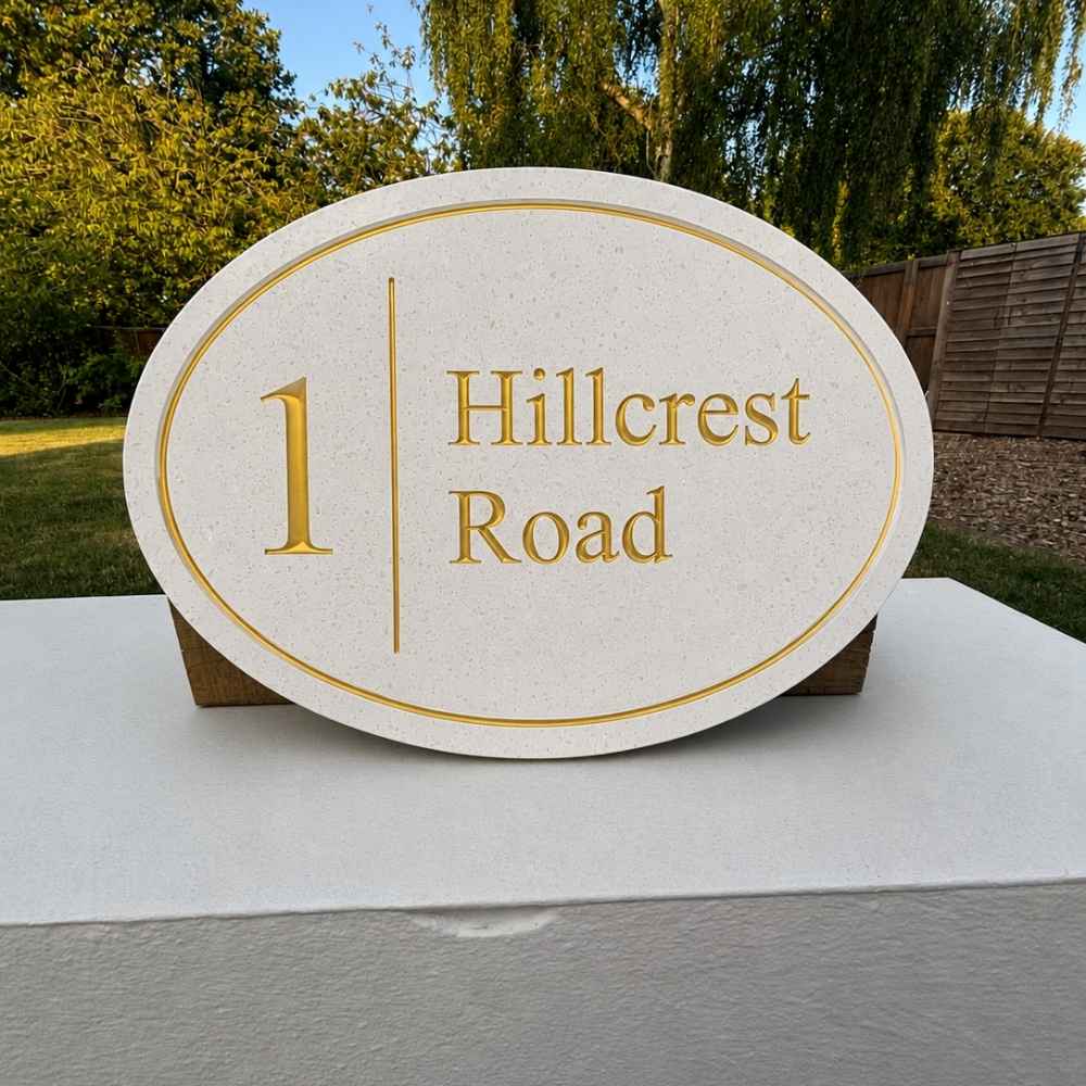 Oval Engraved Stone House Name & Number Sign with Vertical Line