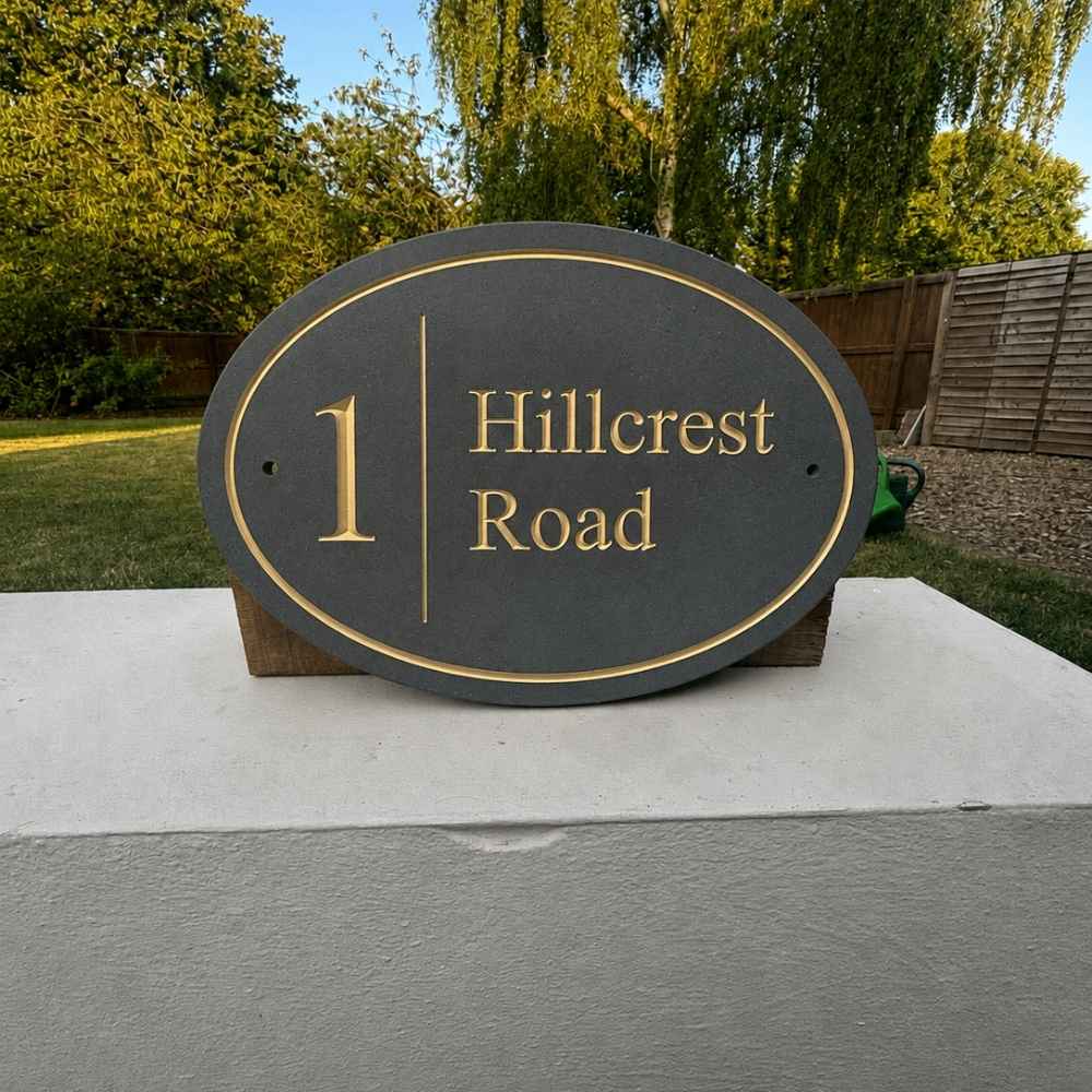Oval Engraved Stone House Name & Number Sign with Vertical Line
