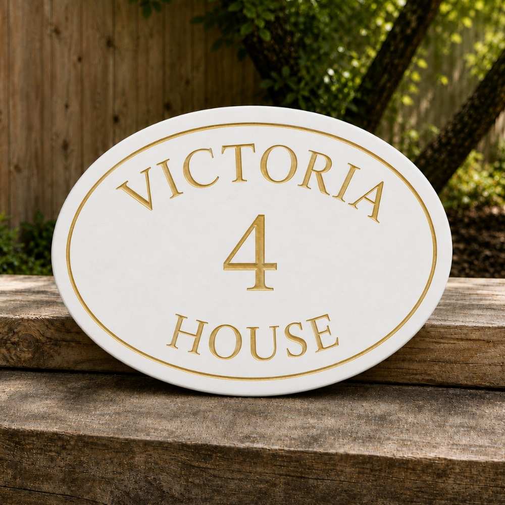 An oval white house sign with gold lettering reading 'VICTORIA 4 HOUSE', displayed outdoors on a wooden surface with a wooden fence and greenery in the background.