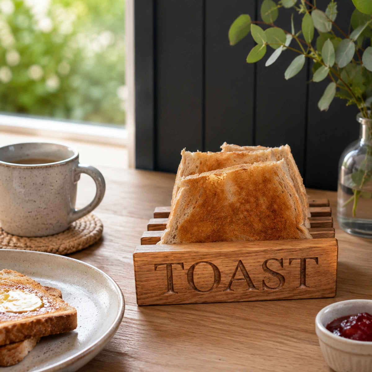 Wooden toast rack with slices of toast, a mug, and a plate of bread on a wooden table.