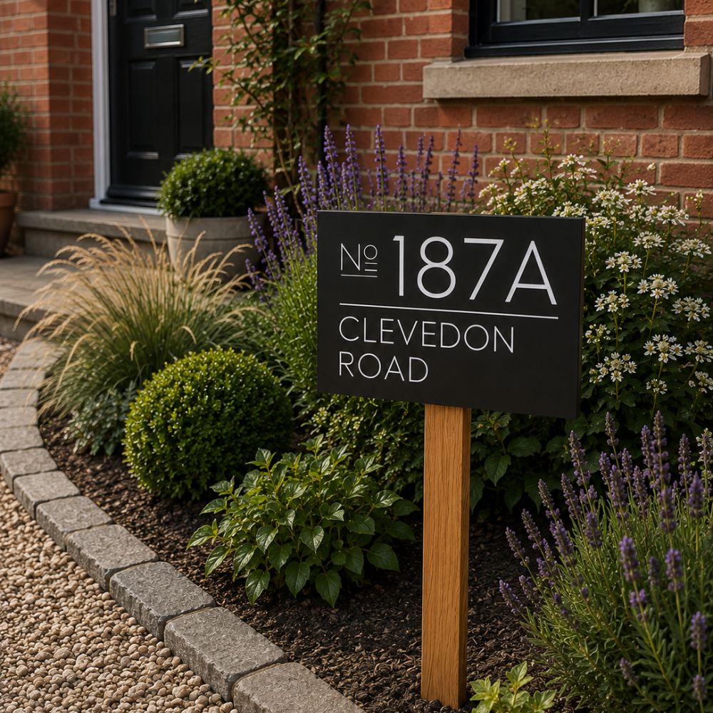 House number sign '187A Clevedon Road' in a garden setting with plants and flowers.