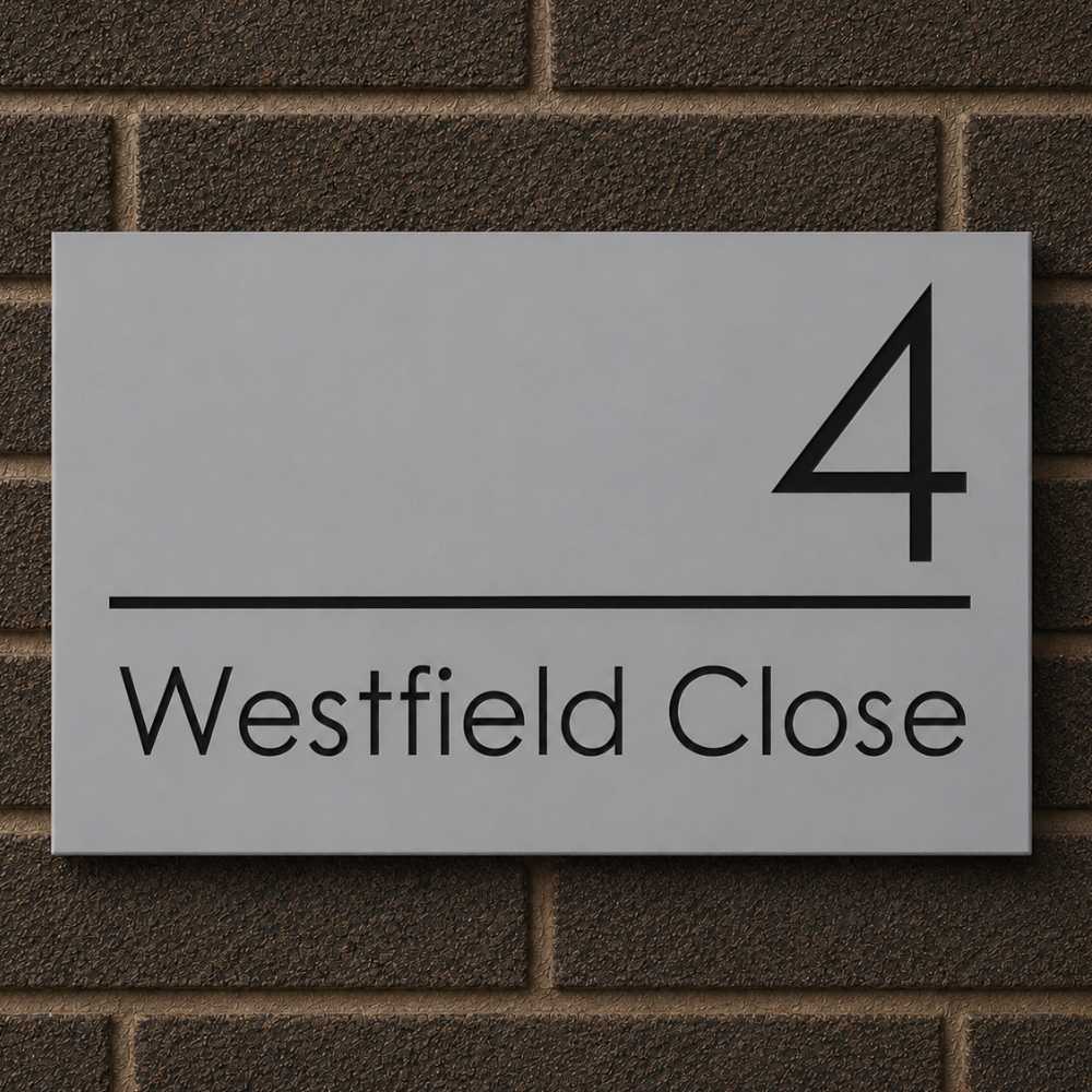 A modern rectangular grey house number sign reading '4 Westfield Close' in black on a light gray background, mounted on a dark brown brick wall.