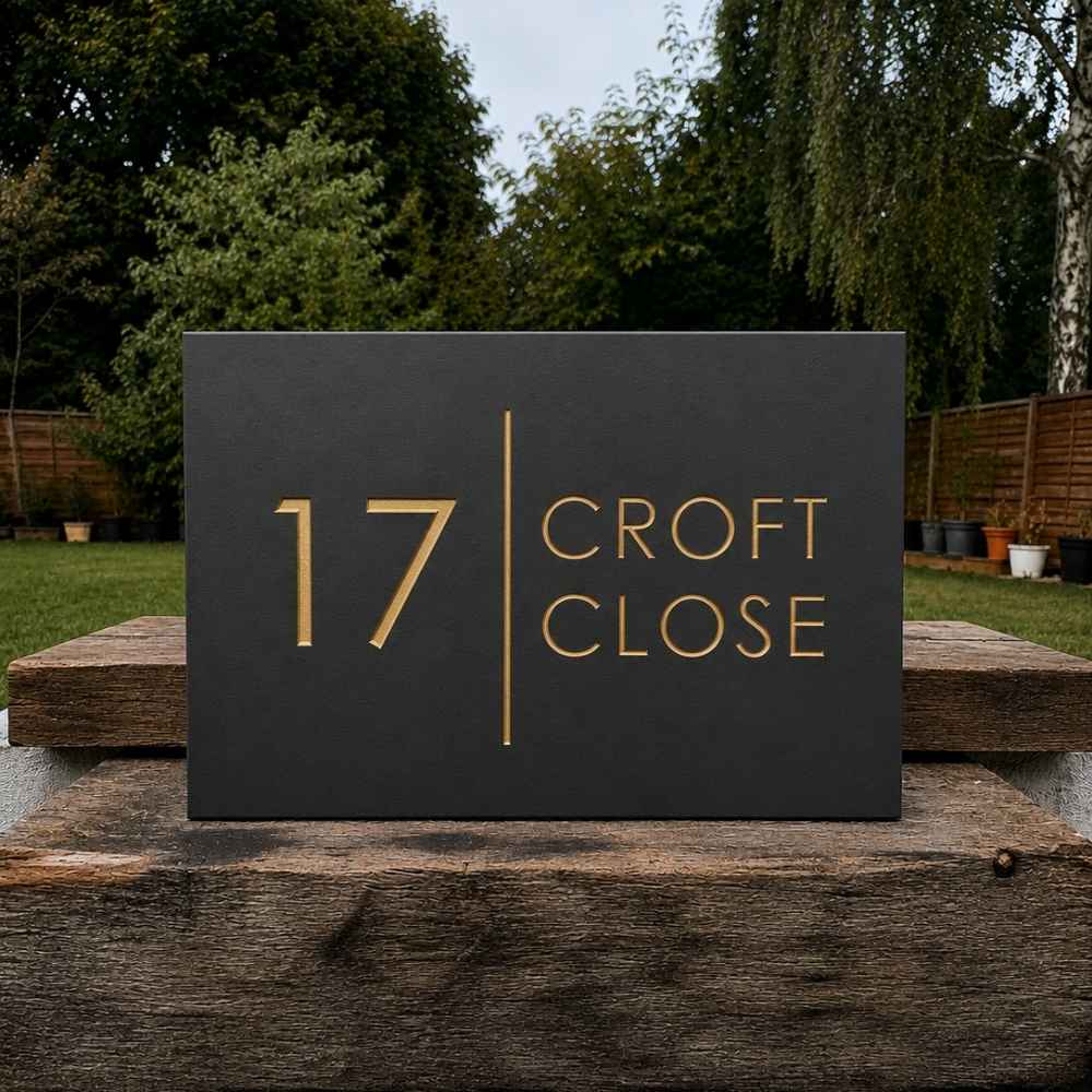 A rectangular dark slate house number plaque with gold lettering reading '17 CROFT CLOSE,' displayed outdoors on a wooden post in a garden setting.