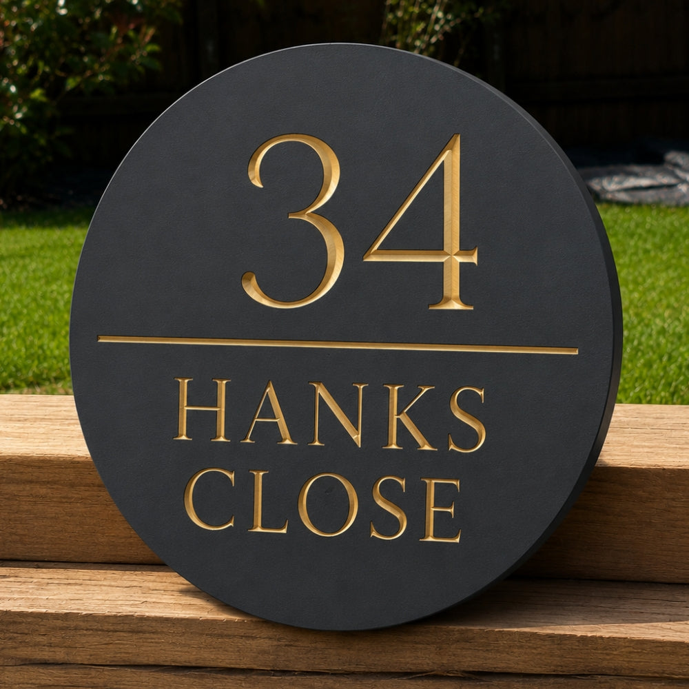 Round Engraved Stone House Number and Name Sign with line