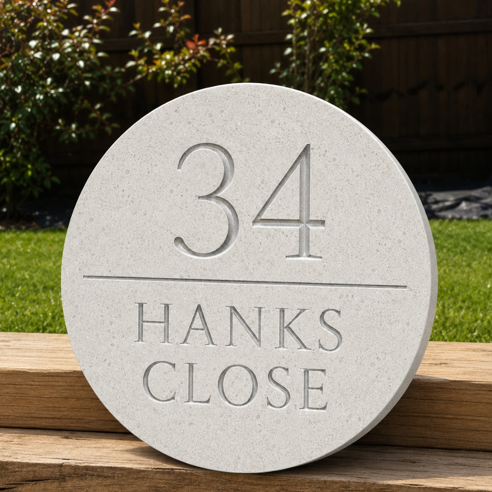 Round Engraved Stone House Number and Name Sign with line