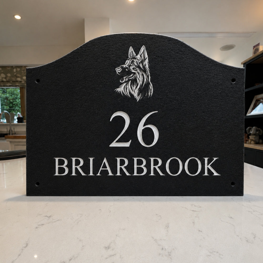 Scalloped Engraved Stone House Number & Name Sign with Motif
