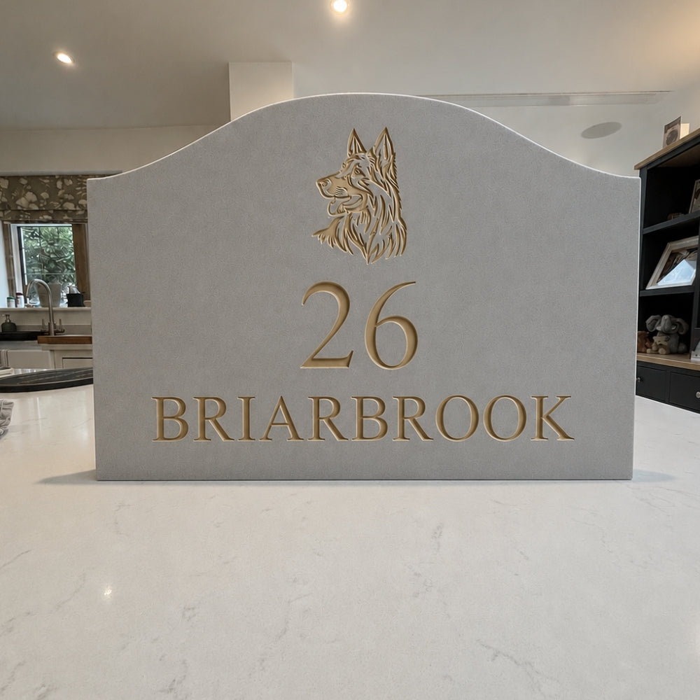 Scalloped Engraved Stone House Number & Name Sign with Motif