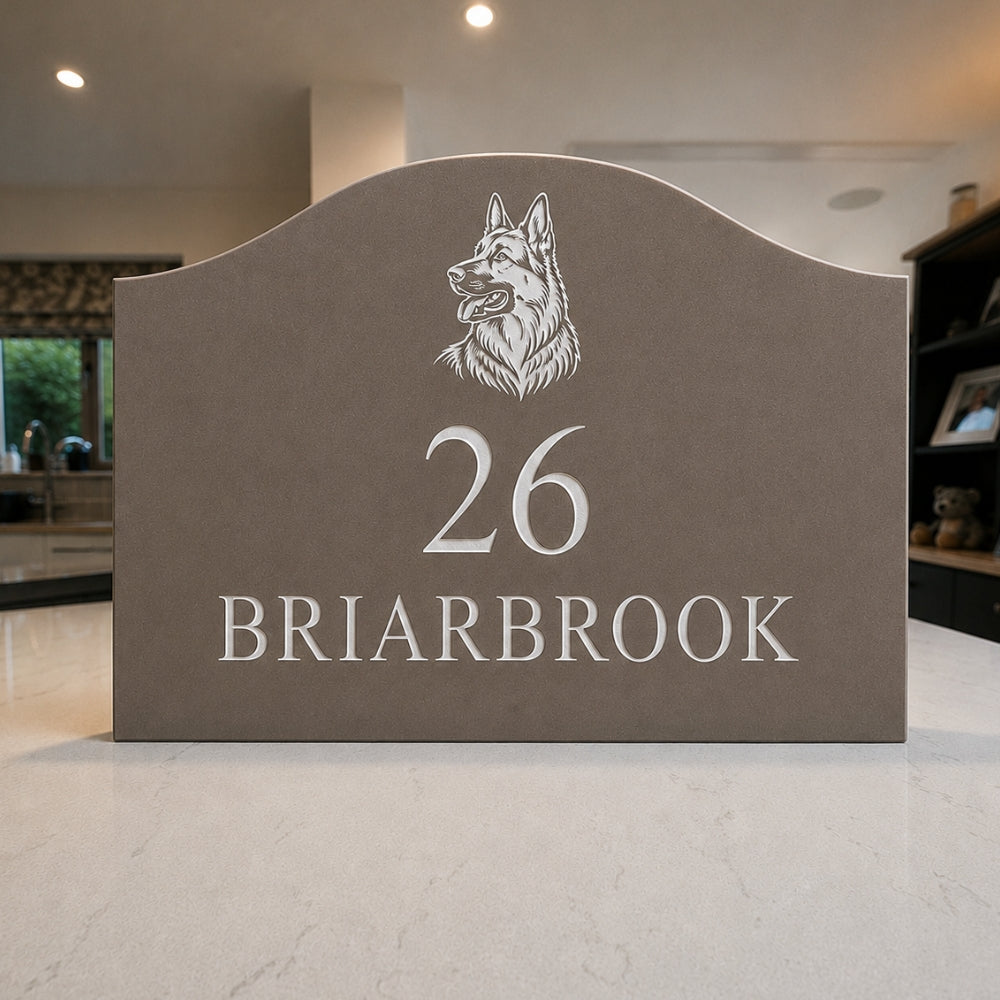 Scalloped Engraved Stone House Number & Name Sign with Motif