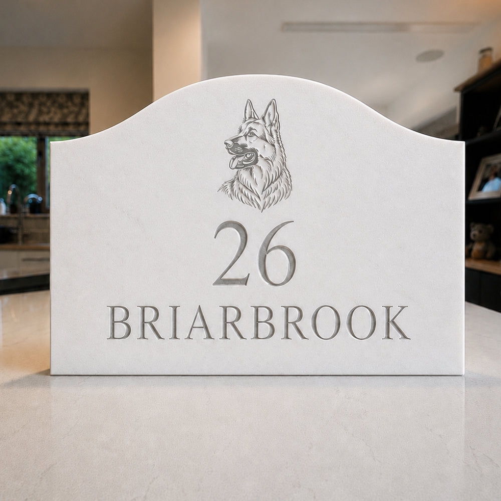 Scalloped Engraved Stone House Number & Name Sign with Motif