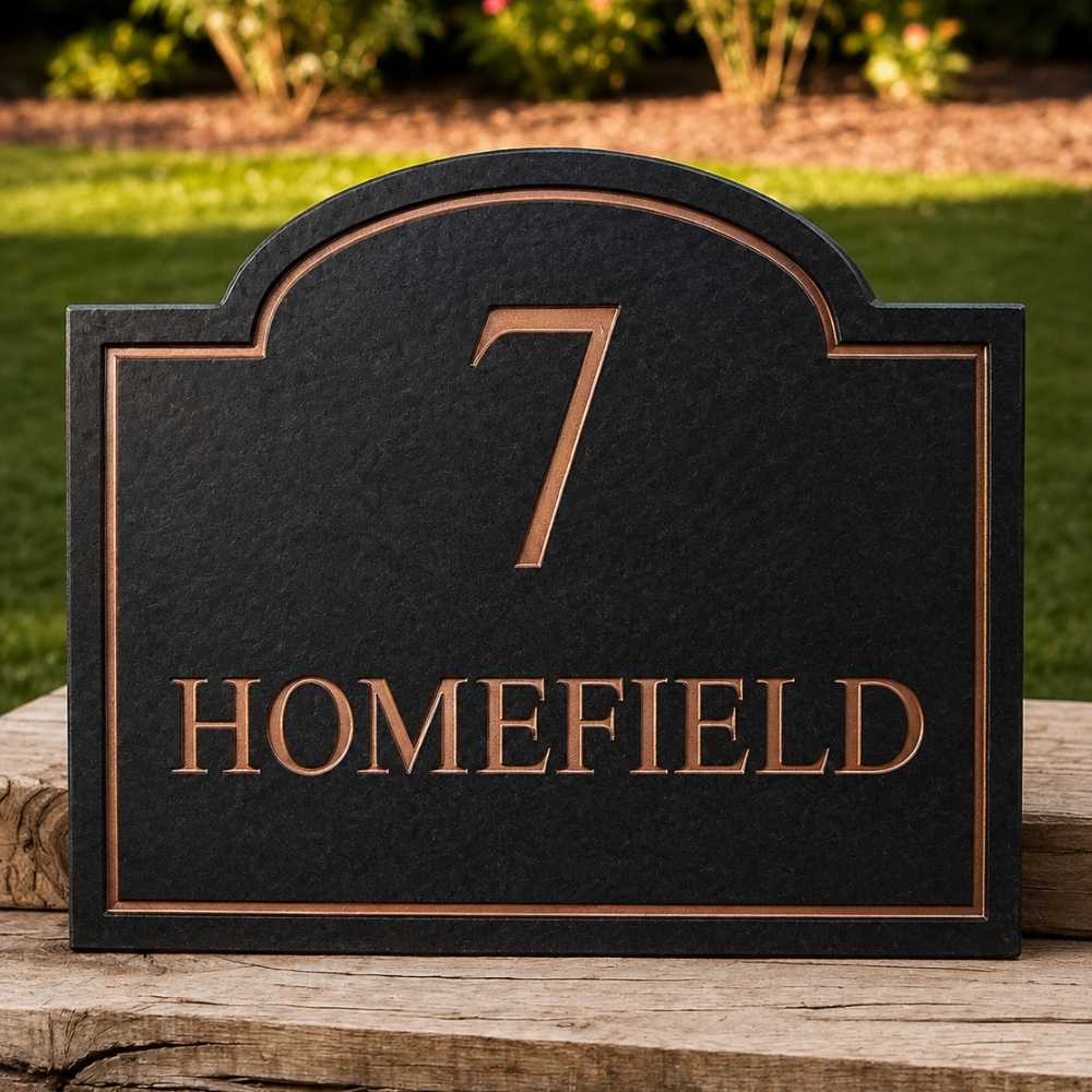 A charcoal house sign with a textured black background and copper-toned lettering that reads '7 HOMEFIELD', displayed on a rustic wooden post with a blurred green garden background.