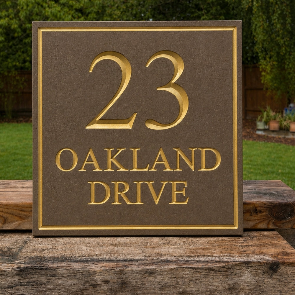 A square mink house number plaque reading '23 OAKLAND DRIVE' in raised gold lettering on a dark brown background, mounted on a wooden post outdoors with grass and shrubs behind it.