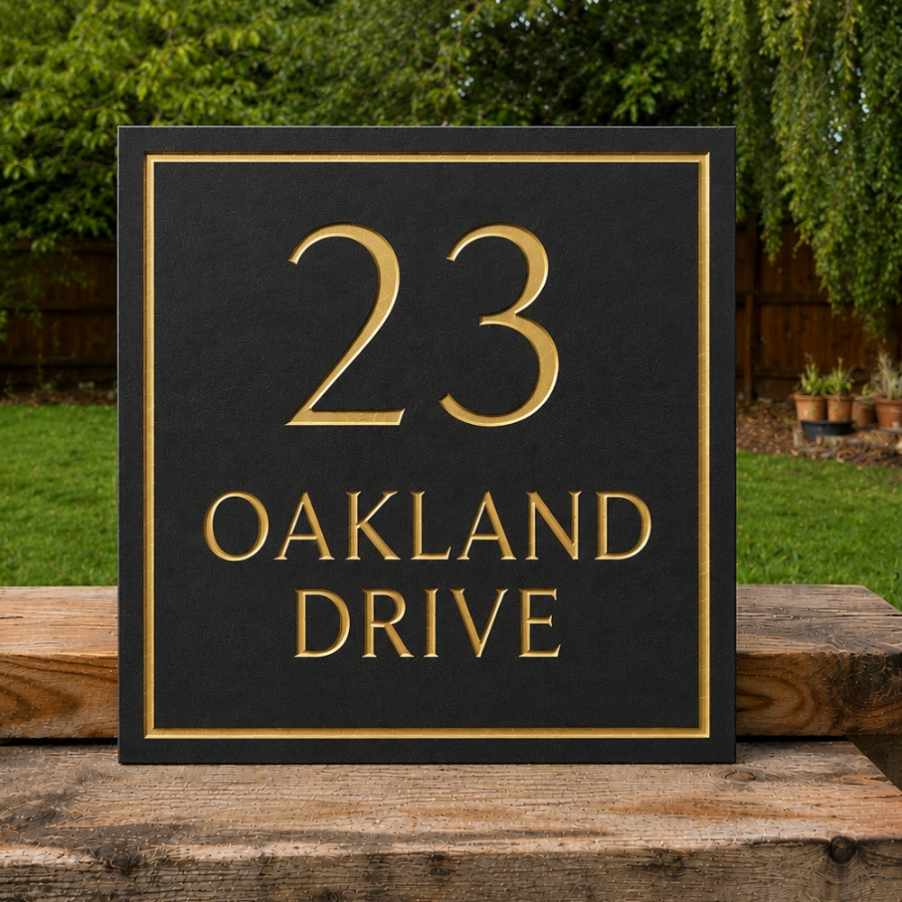 A charcoal black house number plaque with gold lettering reading '23 OAKLAND DRIVE', displayed outdoors on a wooden post with green grass and trees in the background.