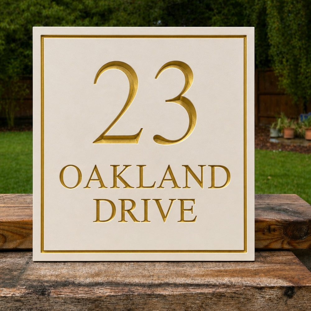 A quartz square house number sign reading '23 OAKLAND DRIVE' in raised gold lettering on an off-white background, displayed outdoors on a wooden surface with green garden foliage behind it.