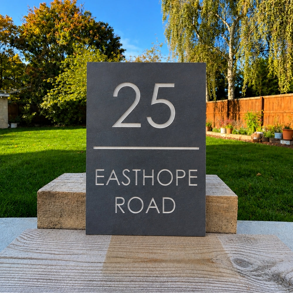 Vertical Engraved Stone House Number & Name Sign with line