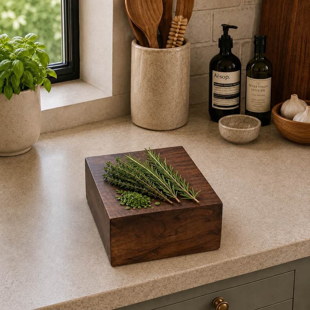 A dark brown wooden cutting board with a rich grain, styled with fresh rosemary and herbs, set on a beige kitchen countertop.