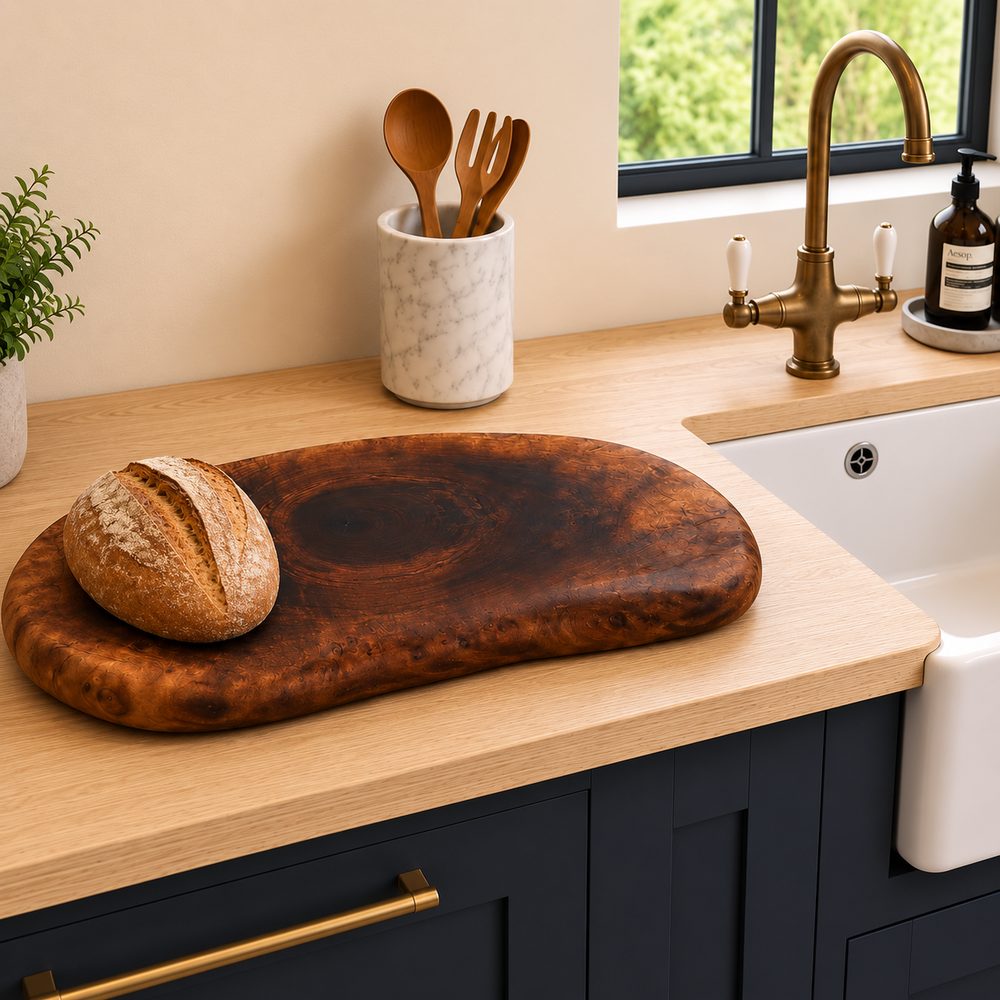 A rustic, organic-shaped dark brown wooden cutting board with a natural wavy grain, styled on a light wood kitchen countertop next to a white farmhouse sink and a loaf of bread.