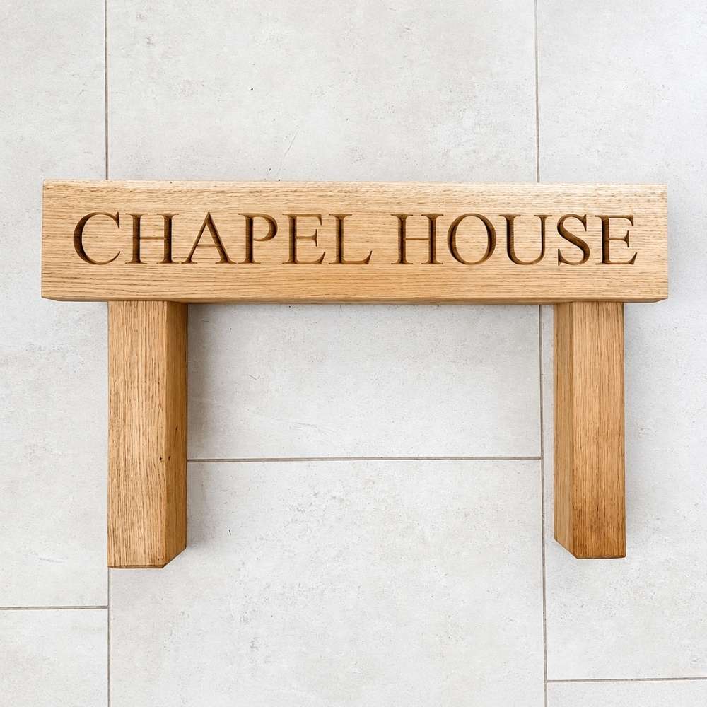 Horizontal Wooden Oak Engraved House Sign with Posts