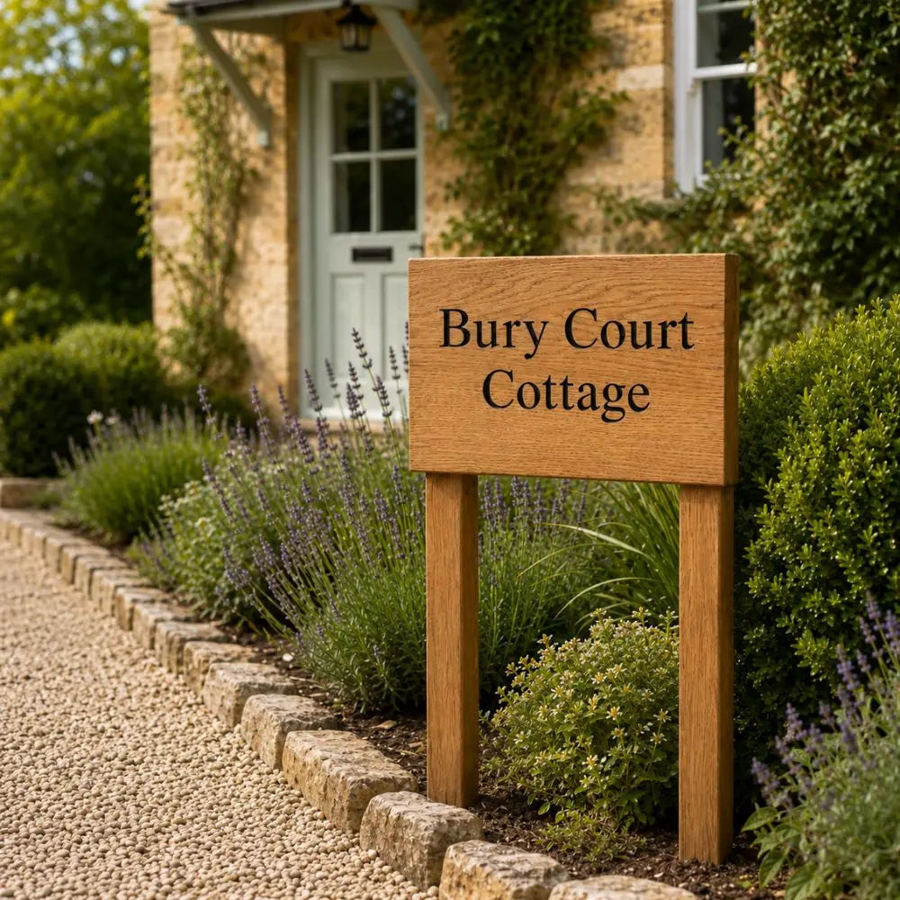 Rectangle Wooden Oak Engraved House Sign with Posts