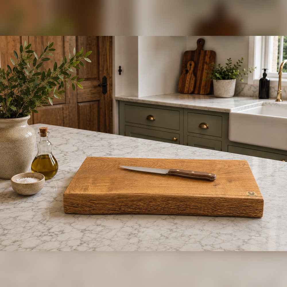 A rectangular wooden cutting board with a knife resting on it, placed on a white marble kitchen countertop in a rustic kitchen setting.