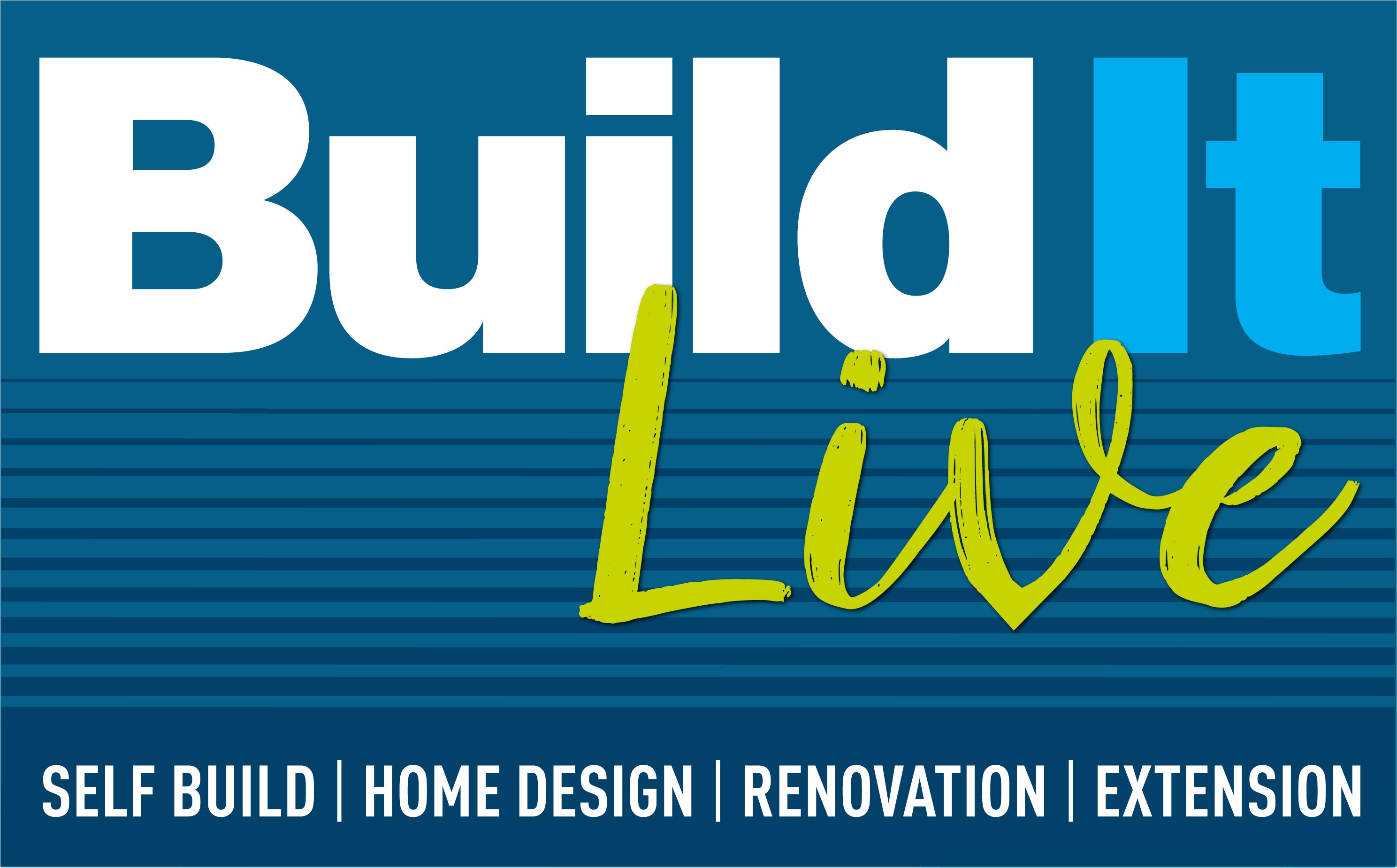 Logo for 'Build It Live' with text about self-build, home design, renovation, and extension on a blue background.