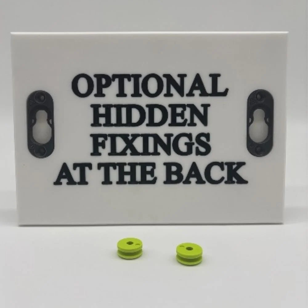 White sign with text 'Optional Hidden Fixings at the Back' and two green components on a white background